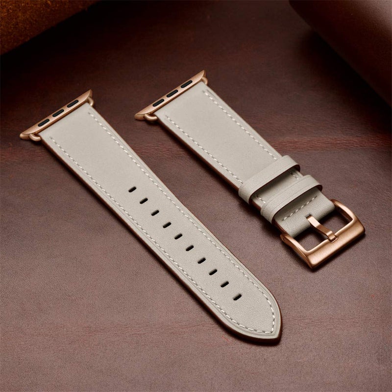 OUHENG Leather Bands Compatible with Apple Watch Band 49mm/46mm/45mm/44mm/42mm, Genuine Leather Strap for iWatch Series 11/10/9/8/7/6/5/4/3/2/1 & Ultra 3/2/1 & SE3 SE2 SE, Ivory White/Rose Gold - Image 5